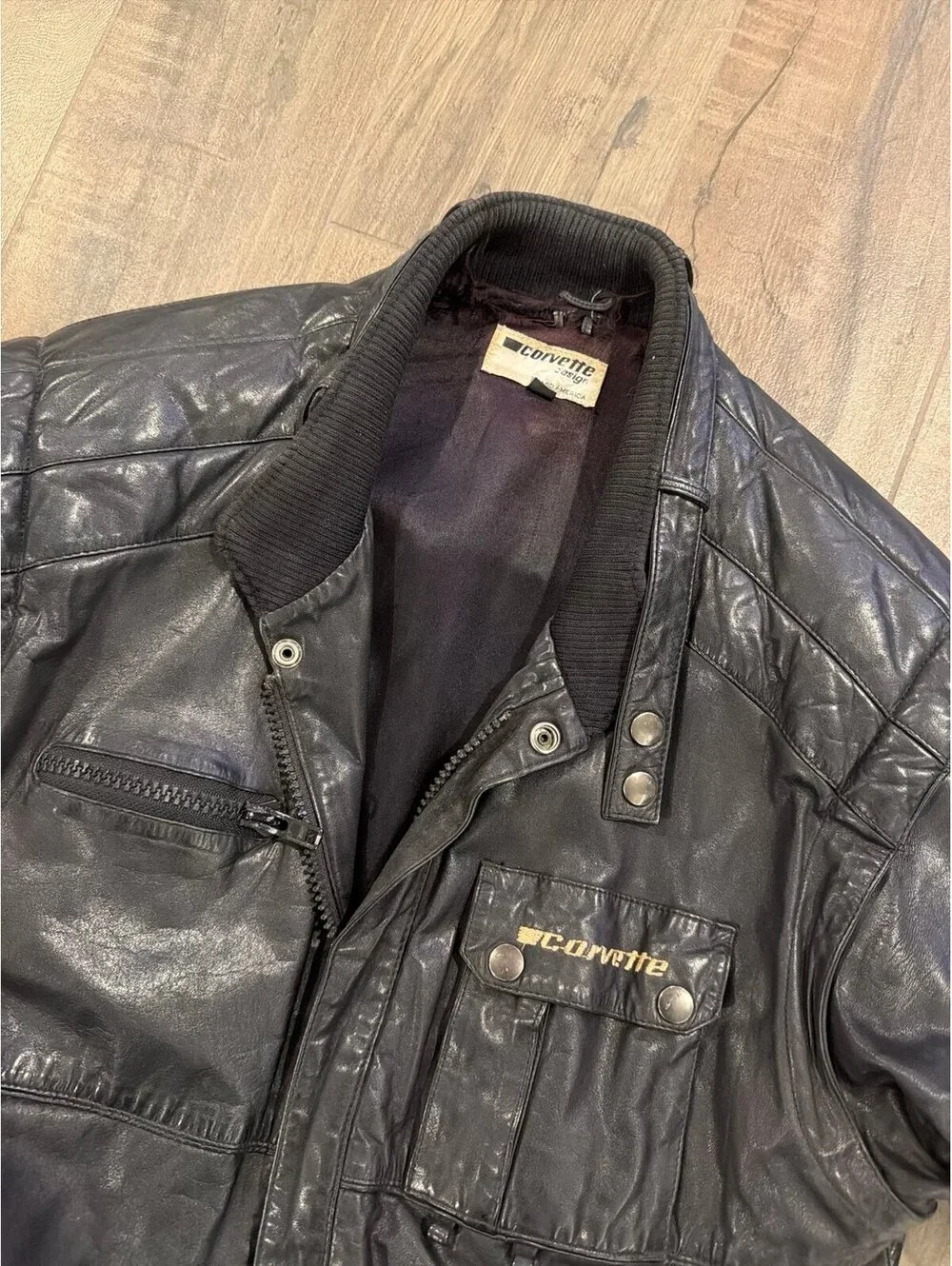 Corvette Vintage leather bomber jacket black fits M marked large mid America
